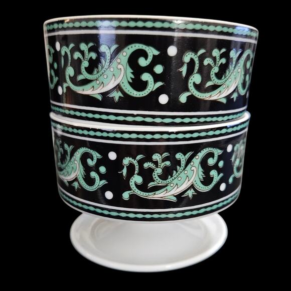 Pair of Antoinette Pedestal Dessert Bowls Black & Aqua Scroll Design, 3.5” Wide - Picture 1 of 5